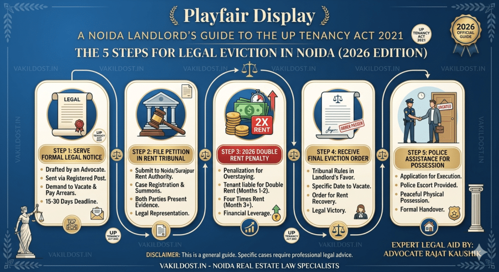 Legal eviction process flowchart for landlords in Noida 2026 under UP Tenancy Act 2021