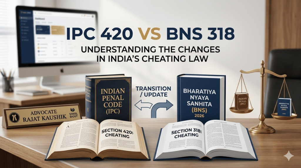 A professional legal comparison showing the Indian Penal Code (IPC) book and the Bharatiya Nyaya Sanhita (BNS) 2026 book on an advocate's desk, highlighting the transition from Section 420 to Section 318 for cheating laws in India