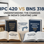 A professional legal comparison showing the Indian Penal Code (IPC) book and the Bharatiya Nyaya Sanhita (BNS) 2026 book on an advocate's desk, highlighting the transition from Section 420 to Section 318 for cheating laws in India