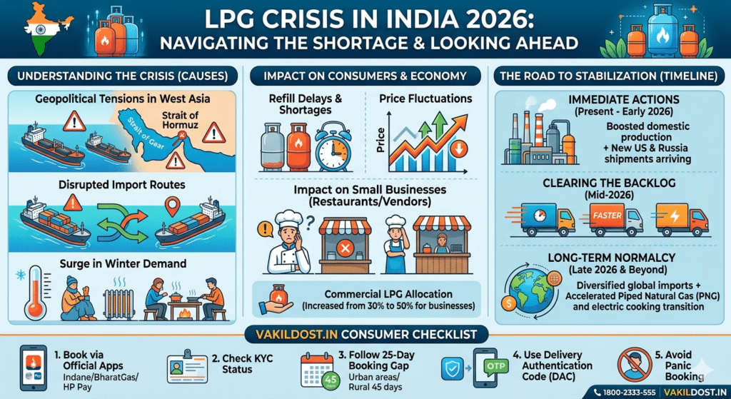 Infographic showing LPG crisis in India 2026 recovery roadmap, 25-day booking gap rule, and DAC verification steps for consumers