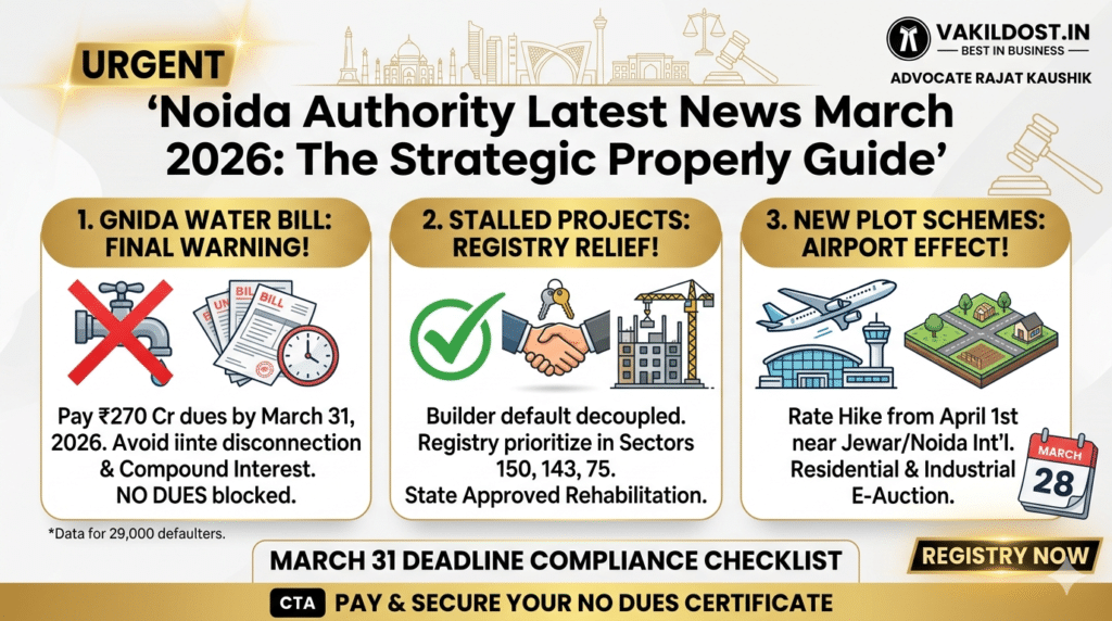 Noida Authority Latest News March 2026 Strategic Property Guide infographic for VakilDost by Adv Rajat Kaushik